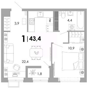 1-к квартира, вторичка, 43м2, 3/16 этаж