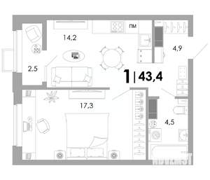 1-к квартира, вторичка, 43м2, 8/16 этаж