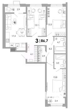3-к квартира, вторичка, 87м2, 2/16 этаж