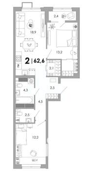 2-к квартира, вторичка, 63м2, 7/16 этаж