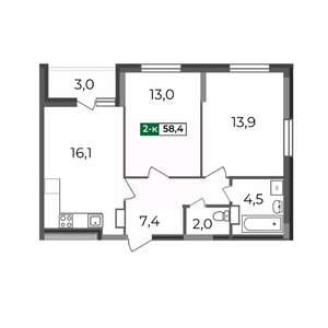 2-к квартира, строящийся дом, 58м2, 15/17 этаж