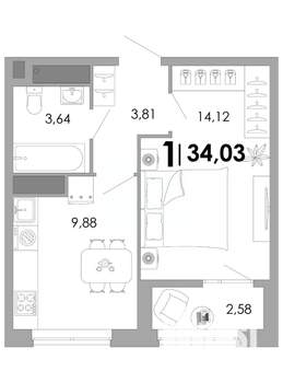 1-к квартира, вторичка, 34м2, 16/17 этаж