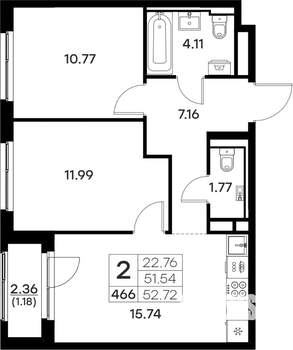 2-к квартира, вторичка, 53м2, 3/17 этаж