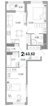 2-к квартира, вторичка, 64м2, 6/17 этаж