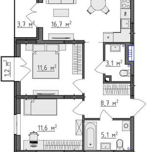 2-к квартира, вторичка, 59м2, 1/9 этаж