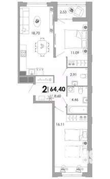 2-к квартира, вторичка, 64м2, 2/17 этаж