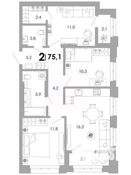 2-к квартира, вторичка, 75м2, 1/17 этаж