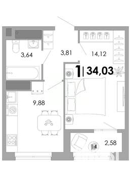 1-к квартира, вторичка, 34м2, 6/17 этаж