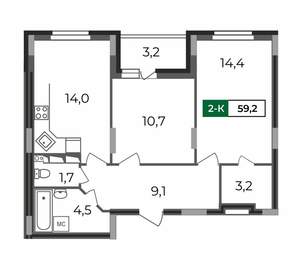 2-к квартира, вторичка, 59м2, 5/17 этаж