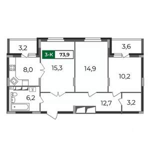 3-к квартира, строящийся дом, 74м2, 13/17 этаж