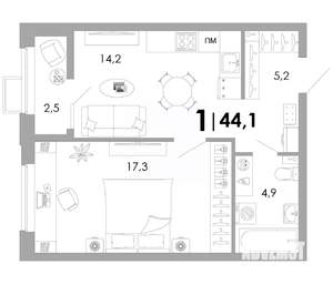 1-к квартира, вторичка, 44м2, 2/16 этаж