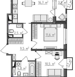 2-к квартира, вторичка, 58м2, 3/9 этаж