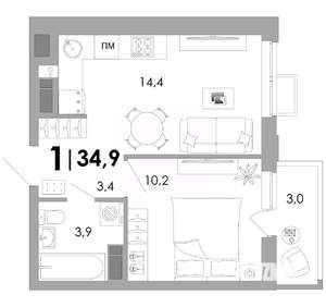 1-к квартира, вторичка, 35м2, 6/16 этаж