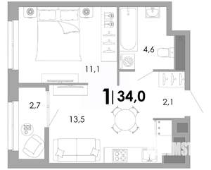1-к квартира, строящийся дом, 34м2, 4/17 этаж