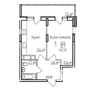 1-к квартира, вторичка, 42м2, 2/17 этаж