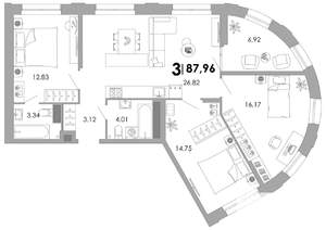 3-к квартира, вторичка, 88м2, 11/17 этаж