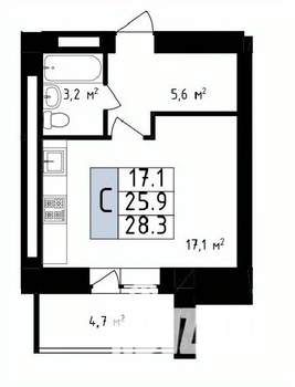 Студия квартира, вторичка, 42м2, 1/14 этаж