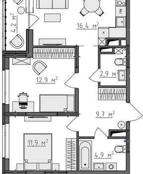 2-к квартира, вторичка, 61м2, 9/9 этаж