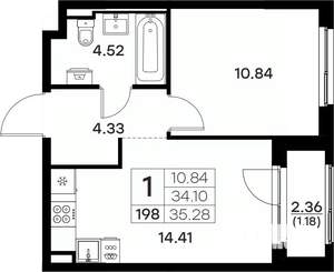 1-к квартира, вторичка, 35м2, 2/17 этаж