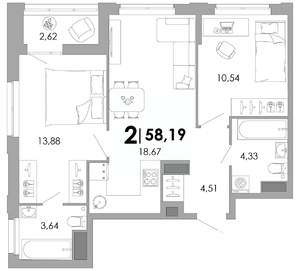 2-к квартира, вторичка, 58м2, 4/17 этаж