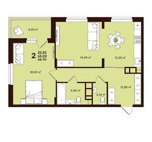 2-к квартира, вторичка, 69м2, 14/17 этаж