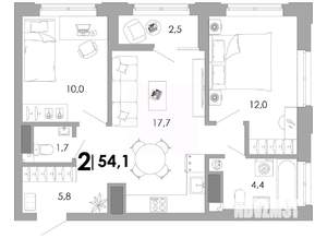 2-к квартира, вторичка, 54м2, 3/17 этаж