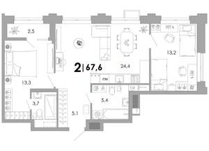 2-к квартира, вторичка, 68м2, 2/16 этаж