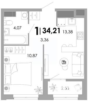 1-к квартира, вторичка, 34м2, 3/17 этаж