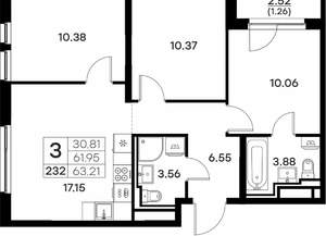 3-к квартира, вторичка, 63м2, 4/17 этаж