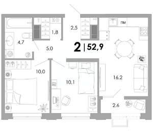 2-к квартира, вторичка, 53м2, 4/16 этаж