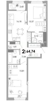 2-к квартира, вторичка, 65м2, 14/17 этаж