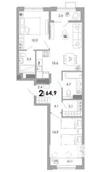 2-к квартира, вторичка, 65м2, 7/16 этаж