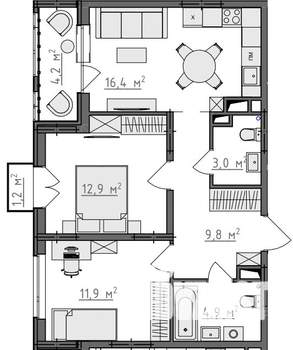 2-к квартира, вторичка, 61м2, 3/9 этаж