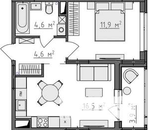 1-к квартира, вторичка, 40м2, 6/9 этаж