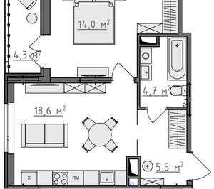 1-к квартира, вторичка, 45м2, 8/9 этаж