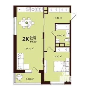 2-к квартира, строящийся дом, 61м2, 13/17 этаж