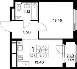 1-к квартира, вторичка, 37м2, 13/17 этаж