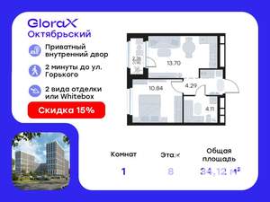 1-к квартира, вторичка, 34м2, 8/17 этаж