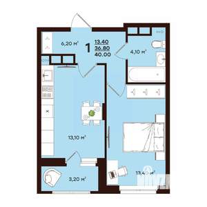 1-к квартира, строящийся дом, 40м2, 8/17 этаж