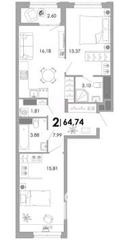 2-к квартира, вторичка, 65м2, 6/17 этаж