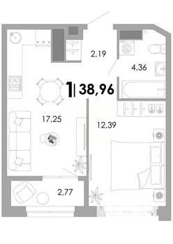 1-к квартира, вторичка, 39м2, 17/17 этаж