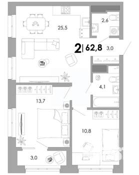 2-к квартира, вторичка, 63м2, 12/17 этаж