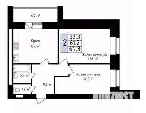 2-к квартира, вторичка, 64м2, 5/14 этаж
