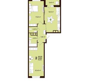 2-к квартира, вторичка, 76м2, 7/17 этаж