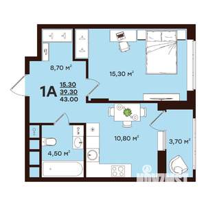 1-к квартира, строящийся дом, 43м2, 9/17 этаж