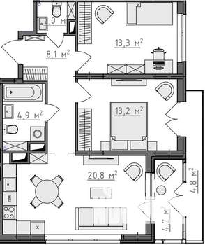 2-к квартира, вторичка, 66м2, 3/9 этаж