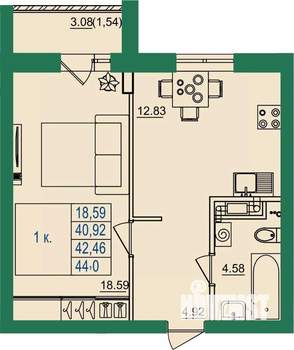 1-к квартира, строящийся дом, 42м2, 7/8 этаж
