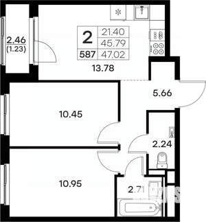 2-к квартира, вторичка, 47м2, 2/17 этаж