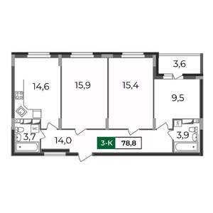3-к квартира, строящийся дом, 79м2, 13/17 этаж