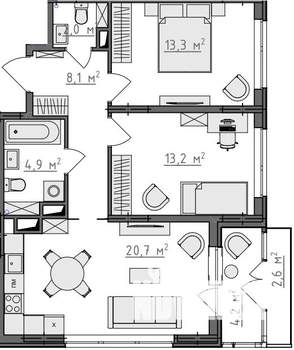 2-к квартира, вторичка, 65м2, 2/9 этаж